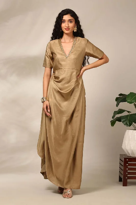 Beige Embellished Draped Dress