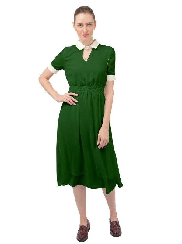AVA 1940s Vintage Keyhole Neckline Dress Bottle Green