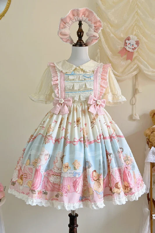 Blue/Pink Sheep Waltz Print Ruffle Bowknot Lace Sweet Lolita Jsk Dress