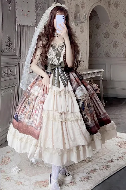 Brown Versailles Palace Oil Painting Print Ruffle Cardigan Bowknot Sweet Elegant Lolita Jsk Dress