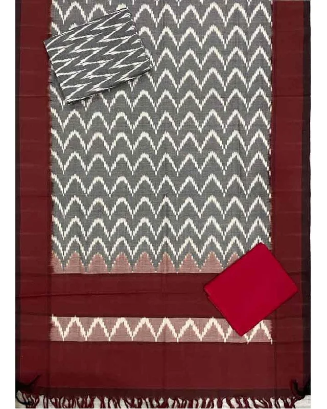DOUBLE IKKAT COTTON GRAY WITH RED COLOR DRESS MATERIAL -C76