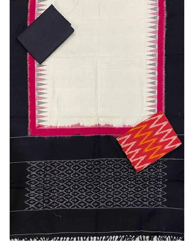 DOUBLE IKKAT COTTON WHITE WITH BLACK COLOR DRESS MATERIAL -C2