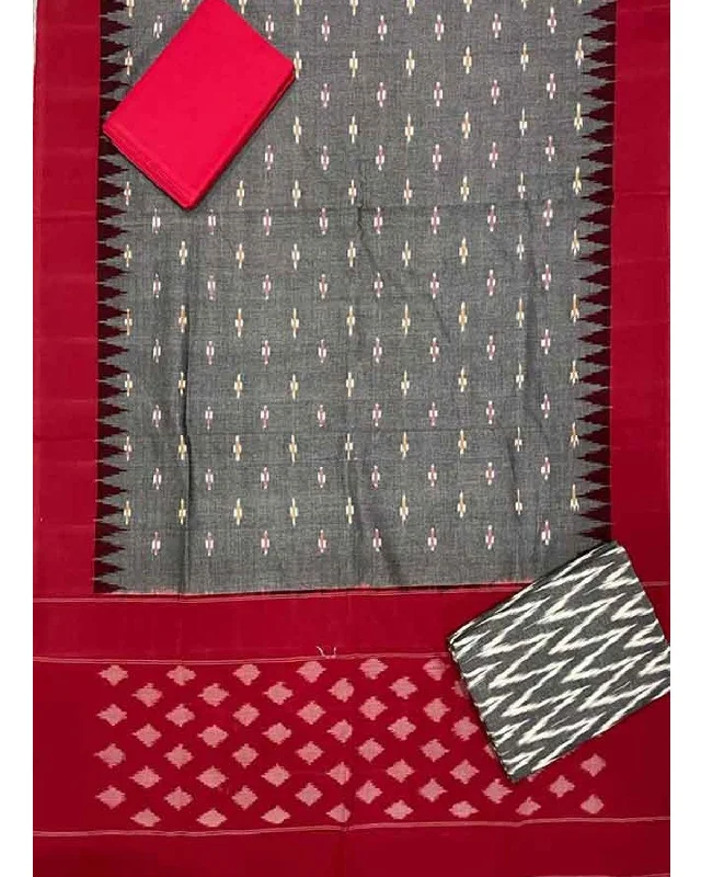 DOUBLE IKKAT GRAY WITH RED COLOR DRESS MATERIAL -C67