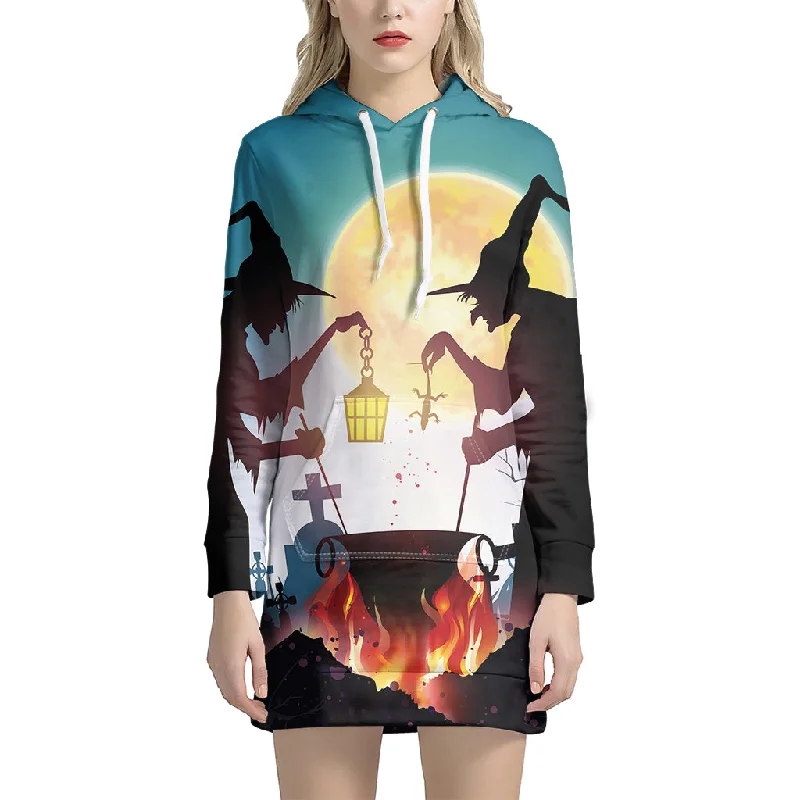 Halloween Witch And Cauldron Print Pullover Hoodie Dress