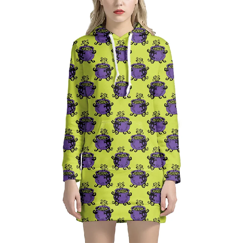 Halloween Witch Cauldron Pattern Print Pullover Hoodie Dress
