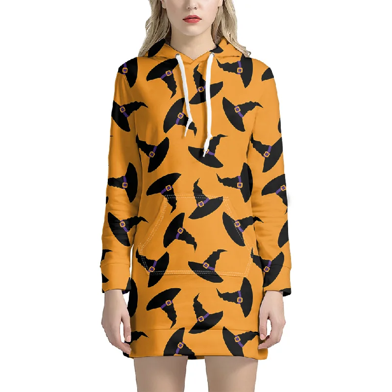 Halloween Witch Hat Pattern Print Pullover Hoodie Dress