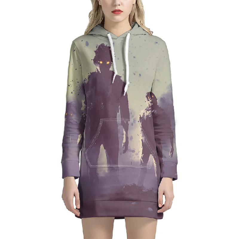 Halloween Zombie Crowd Print Pullover Hoodie Dress