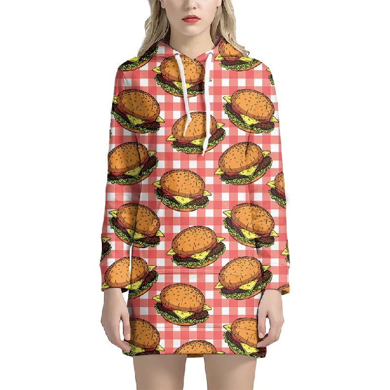 Hamburger Plaid Pattern Print Pullover Hoodie Dress