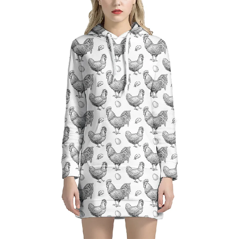 Hand Drawn Chicken Pattern Print Pullover Hoodie Dress