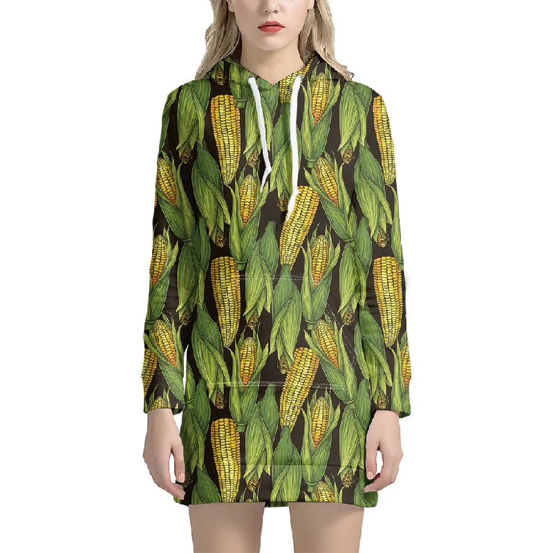 Hand-Drawn Corncob Pattern Print Pullover Hoodie Dress