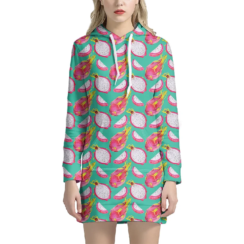 Hand Drawn Dragon Fruit Pattern Print Pullover Hoodie Dress