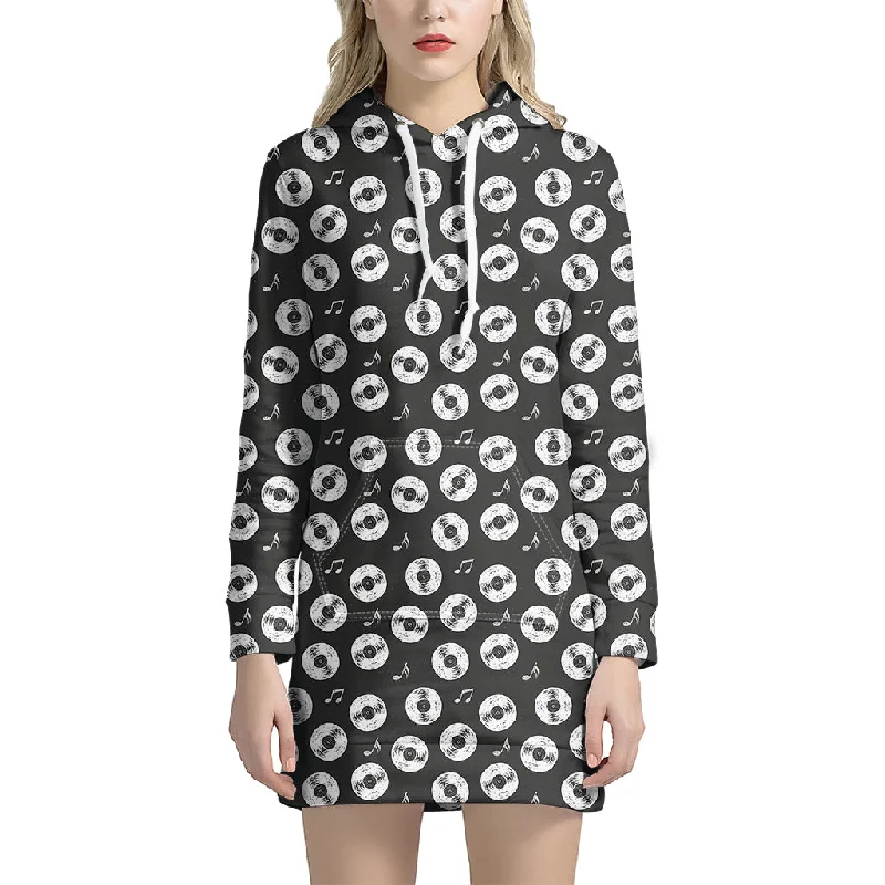 Hand Drawn Vinyl Record Pattern Print Pullover Hoodie Dress