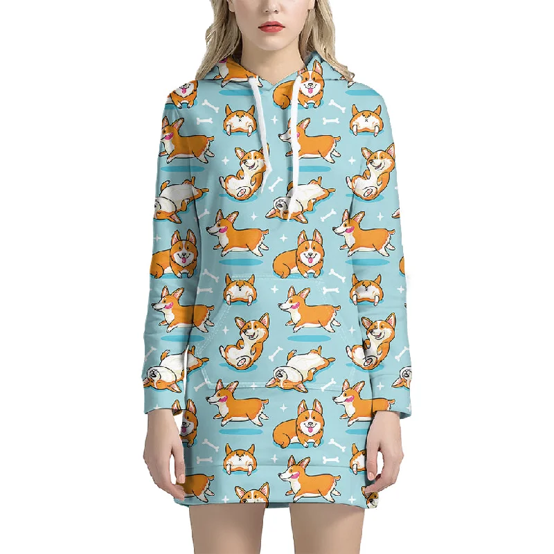 Happy Corgi Pattern Print Pullover Hoodie Dress