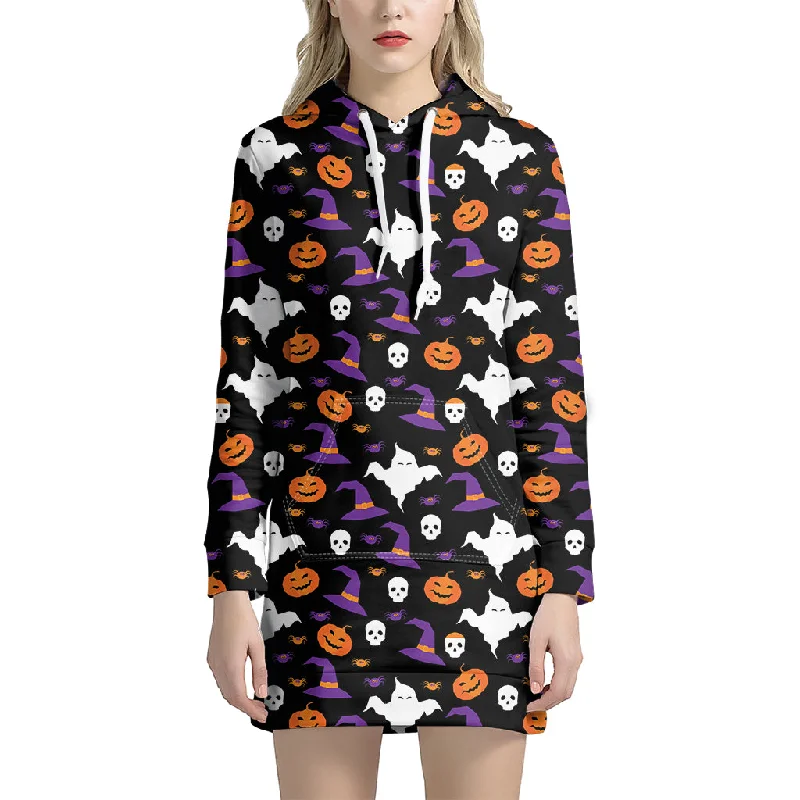 Happy Halloween Ghost Pattern Print Pullover Hoodie Dress