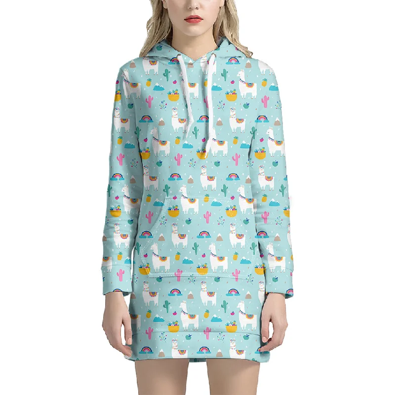 Happy Llama And Cactus Pattern Print Pullover Hoodie Dress
