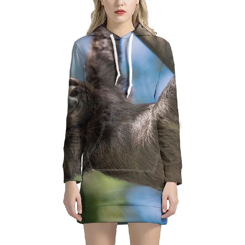 Happy Sloth Print Pullover Hoodie Dress