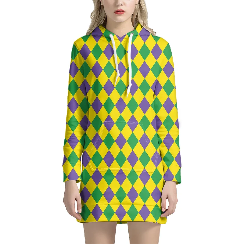 Harlequin Mardi Gras Pattern Print Pullover Hoodie Dress