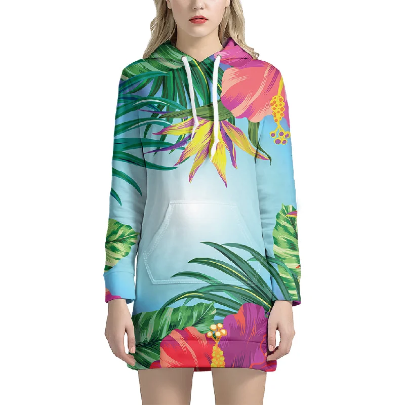 Hawaiian Aloha Flower Print Pullover Hoodie Dress