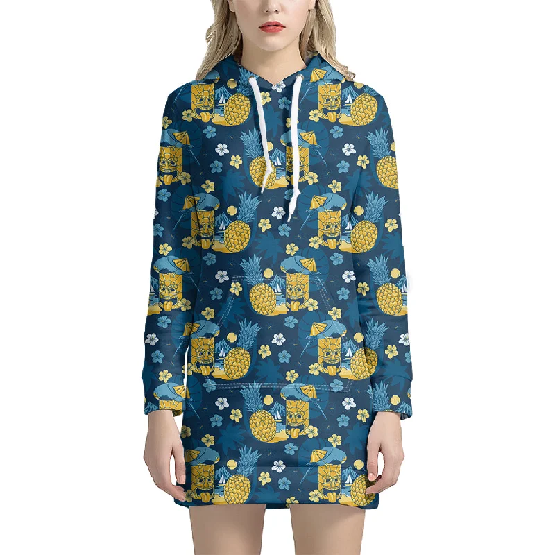 Hawaiian Tiki Pattern Print Pullover Hoodie Dress