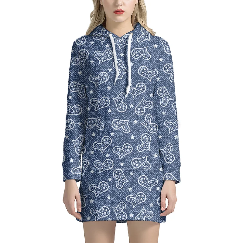 Heart And Star Denim Jeans Pattern Print Pullover Hoodie Dress