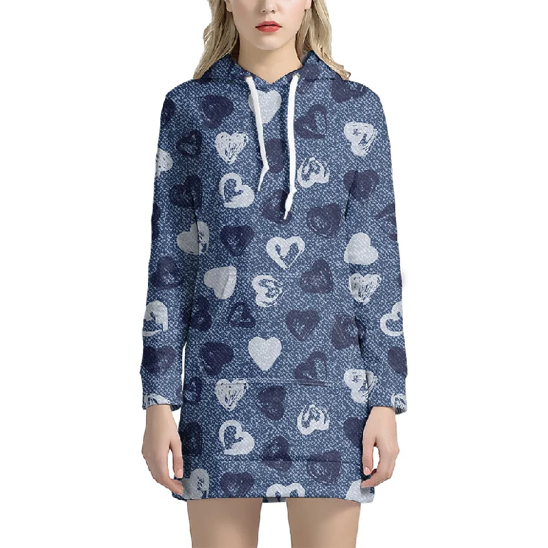 Heart Denim Jeans Pattern Print Pullover Hoodie Dress