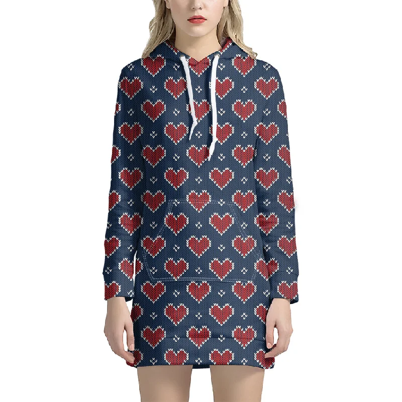 Heart Knitted Pattern Print Pullover Hoodie Dress