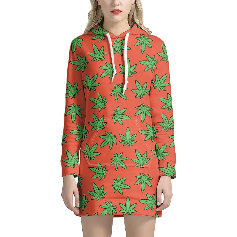 Hemp Leaf Pattern Print Pullover Hoodie Dress