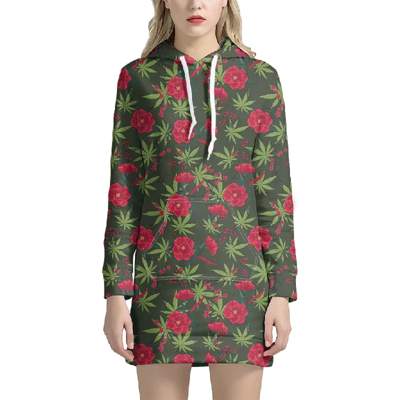 Hemp Leaves And Flowers Pattern Print Pullover Hoodie Dress