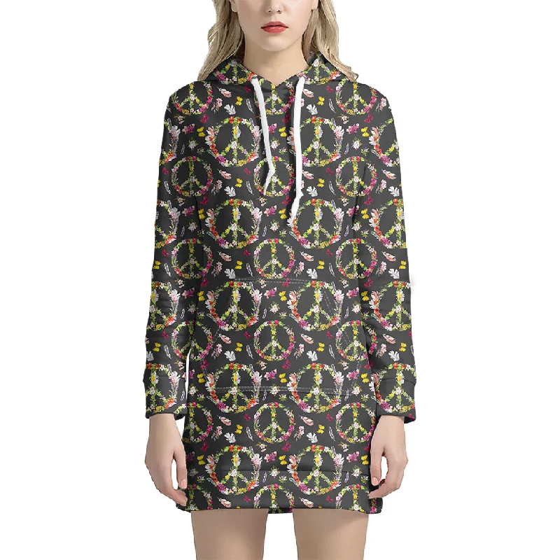 Hippie Peace Sign Flower Pattern Print Pullover Hoodie Dress