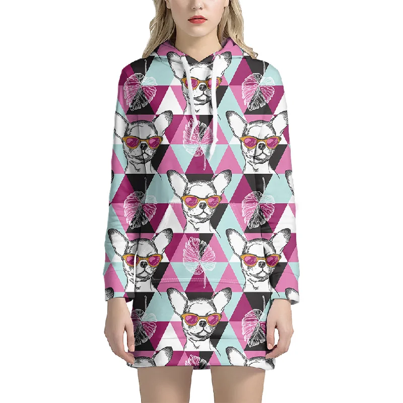 Hipster Chihuahua Pattern Print Pullover Hoodie Dress