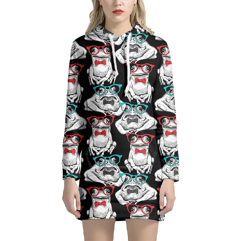 Hipster Frog Pattern Print Pullover Hoodie Dress