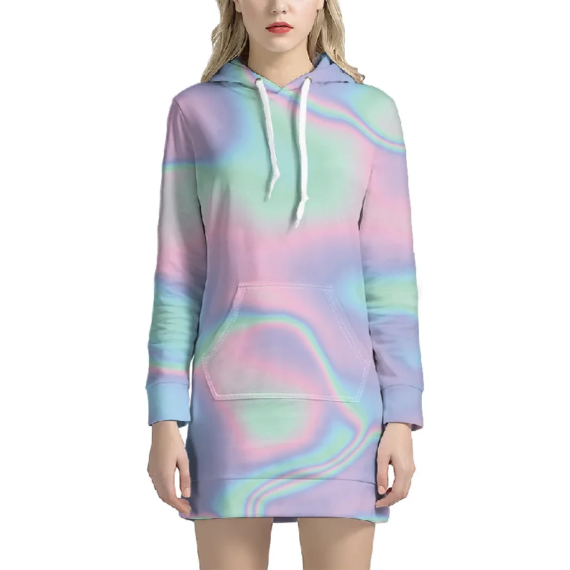 Holographic Waves Print Pullover Hoodie Dress