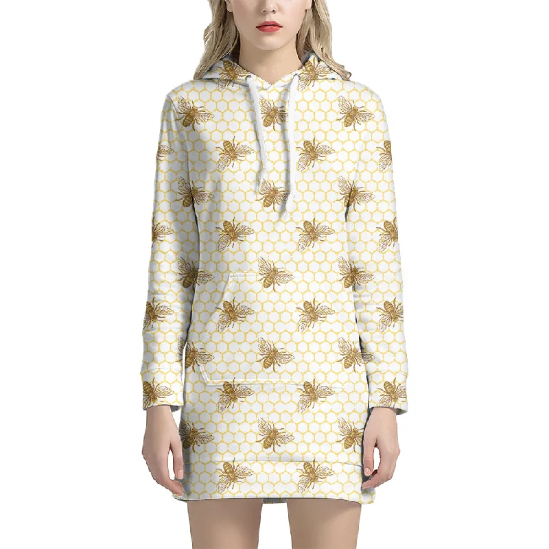 Honey Bee Hive Pattern Print Pullover Hoodie Dress