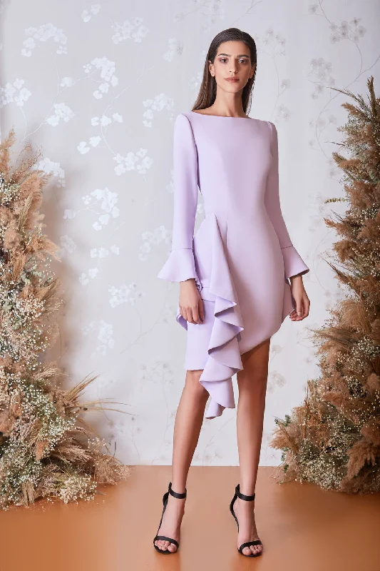 Jewel neckline asymmetric ruffled dress