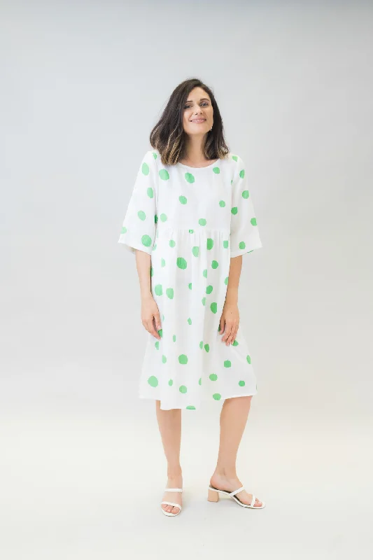 LINEN GATHERED DRESS - GREEN SPOT