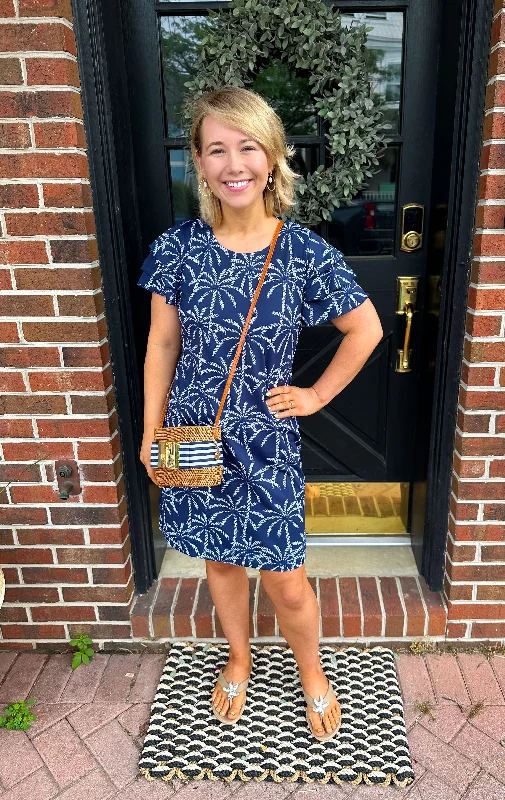 Lulu B Navy Palm Tree Sleeved Cha Cha Dress UPF 50+