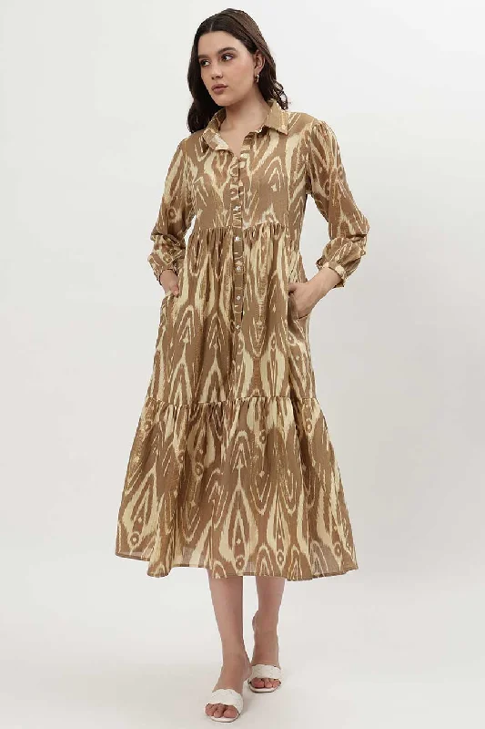 Brown Lurex Ikat Printed Tiered Dress