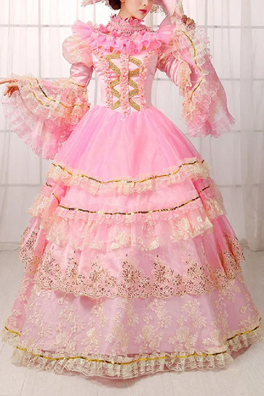 Pink Trumpet Sleeves High Waisted Hollow Embroidery Print Multi-Layer Victorian Lolita Prom Dress