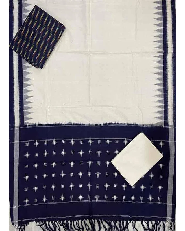 POCHAMAPALLY IKKAT COTTON WHITE WITH NAVY BLUE COLOR DRESS MATERIAL -C12