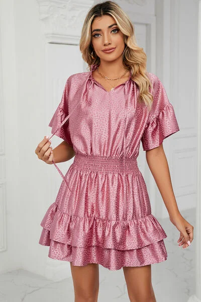 Blue Zone Planet |  Smocked Tie Neck Flounce Sleeve Dress