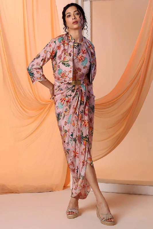 Pink Arani Printed Drape Dress & Jacket Set