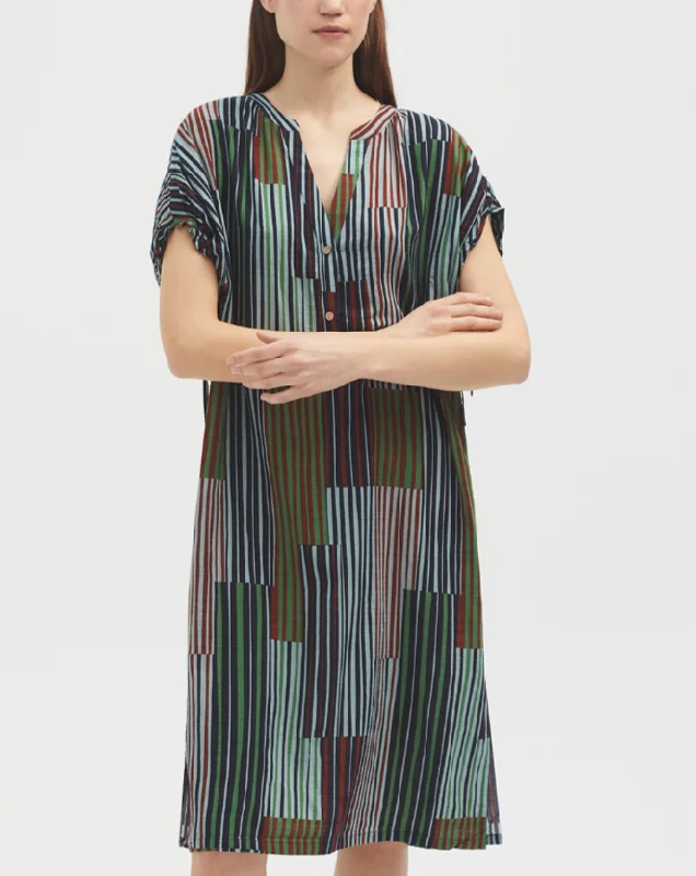 Striped Patch Print Dress in Navy