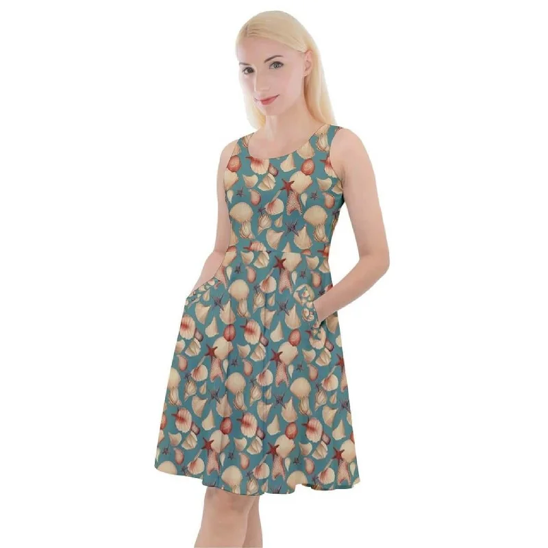 Vintage Seashells Knee Length Skater Dress With Pockets