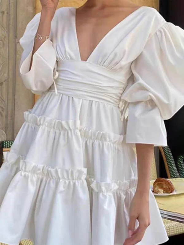 Amelia's V-neck Long Sleeve Flared High Waist Back Tie Mini Dress Elegant Vintage Mini Dress Amelia's V-neck Long Sleeve Flared High Waist Back Tie Mini Dress Elegant Vintage Mini Dress