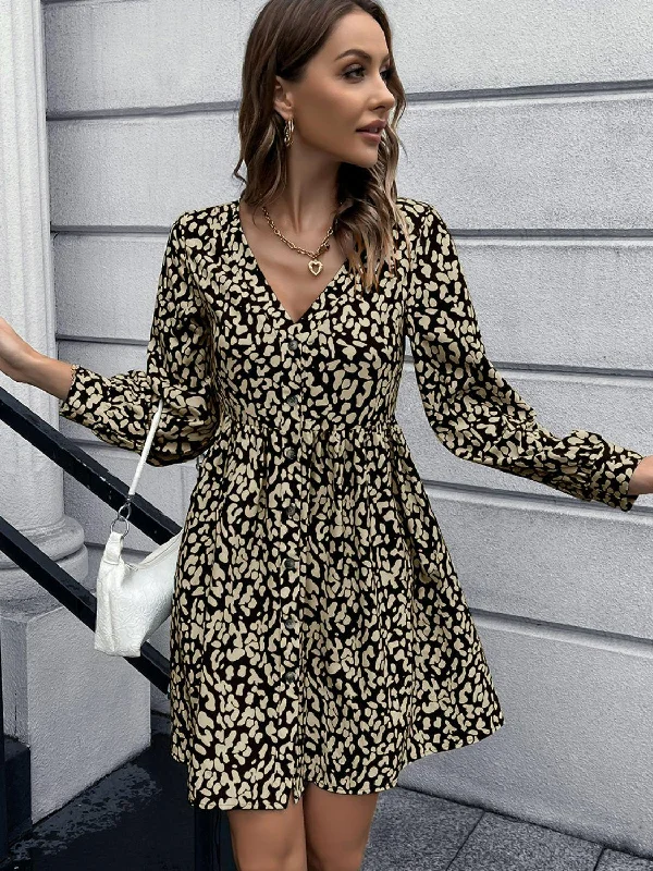 Animal Print Buttoned V-Neck Long Sleeve Mini Dress Trendy Lace Mini Dress