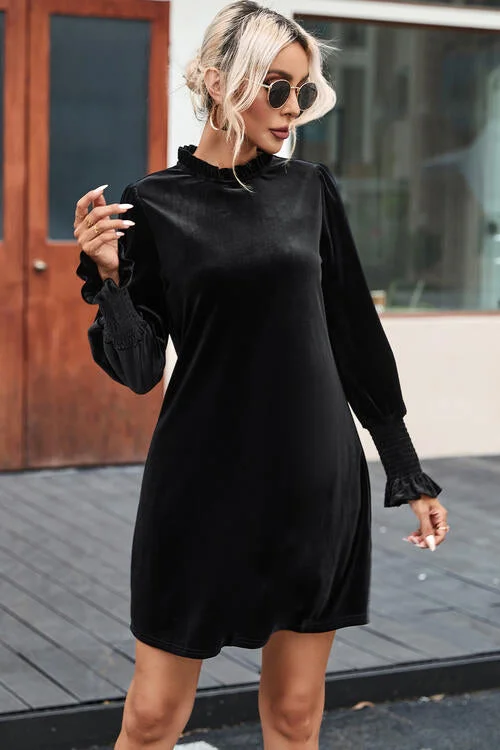 Ava's Round Neck Smocked Long Sleeve Mini Dress Classic White Mini Dress