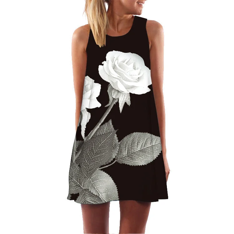Black Floral Designed Round Neck Summer Mini Dresses Stylish Summer Mini Dress