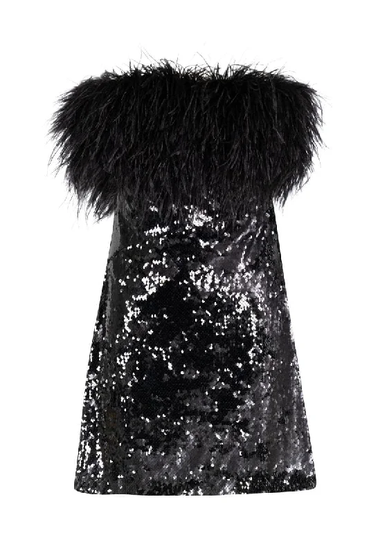 BLACK SEQUINNED FEATHER MINI DRESS Casual High-Waist Mini Dress