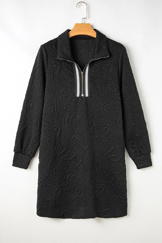 Blue Zone Planet |  Black Jacquard Textured Quarter Zipper Shift Mini Dress Fashionable Button-Front Mini Dress