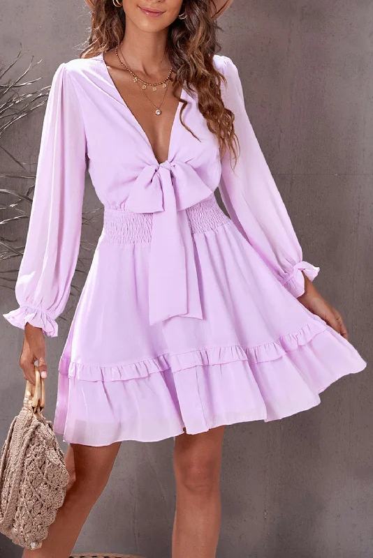 Blue Zone Planet | Deep V Neck Lantern Sleeve Knotted Tiered Mini Dress Comfortable Wrap Mini Dress Blue Zone Planet | Deep V Neck Lantern Sleeve Knotted Tiered Mini Dress Comfortable Wrap Mini Dress